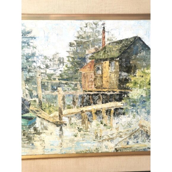 Original Oil Painting Waterfront by Peggy Hill Signed 1974 H 24.25 inch, W 30.25 - Picture 7 of 16
